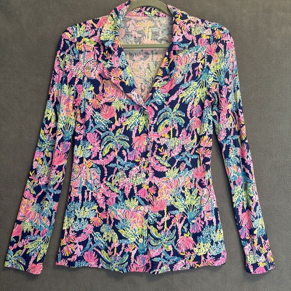 Lilly‎ Pulitzer Button Up Top Oyster Bay Seen And Herd Size XS Blue Pink Soft